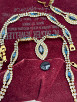 Vintage Blue Sapphire Rhinestone Navettes Clear Chaton Necklace Bracelet Set