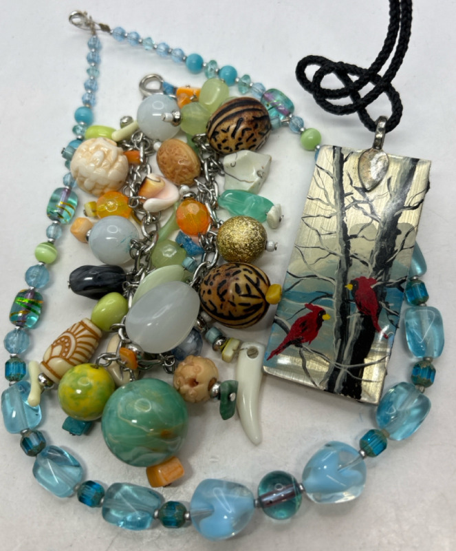 Signed Painted Cardinals Pendant / Blue Art Glass Necklace/ Packed Charm Bracelet
