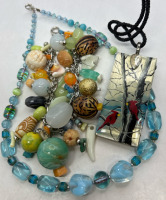 Signed Painted Cardinals Pendant / Blue Art Glass Necklace/ Packed Charm Bracelet