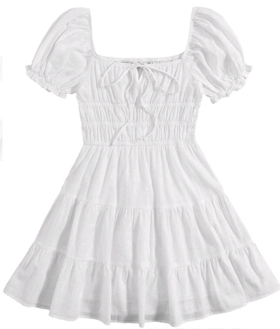 New - Sz. 2XL Women's Short Puff Sleeve Ruched Mini A Line Dress Ruffle Tie Front Square Neck Short Dress