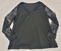 New - Sz. XL Clasi Contrast V Neck Lace Raglan Long Sleeve Top , Black
