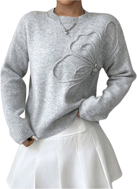 New Size Small Women's Knitted Crewneck Sweater with 3D Raised Flower Design