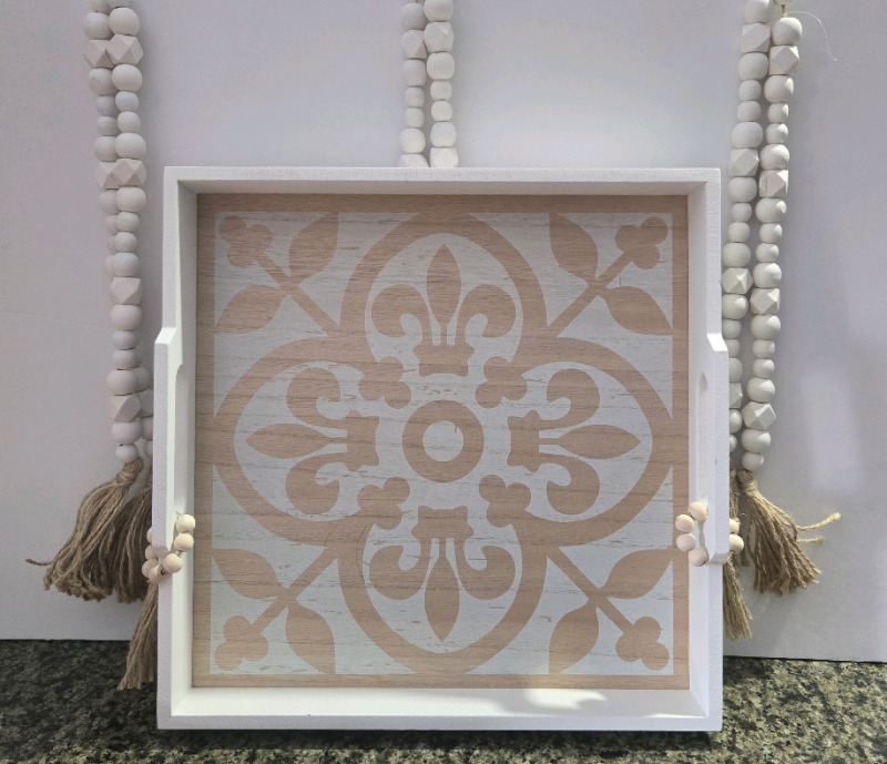 New | Home Decor Lot Includes; Wooden Serving Tray & 3 Decorative Wooden Bead Ropes