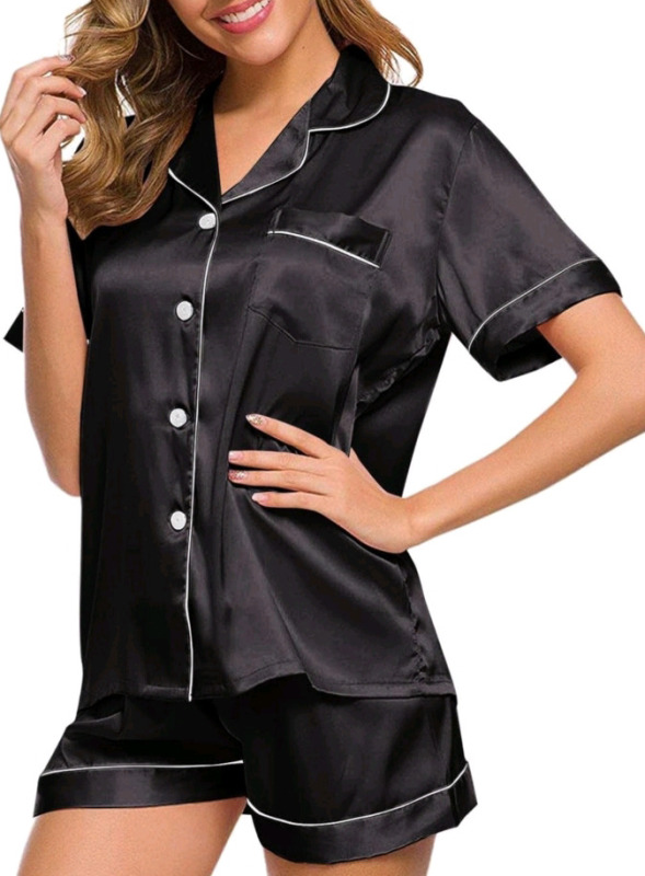 New - Sz. Small Women's Sleepwear Summer Pajama Set , Turn Down Collar Faux Silk Satin , Black