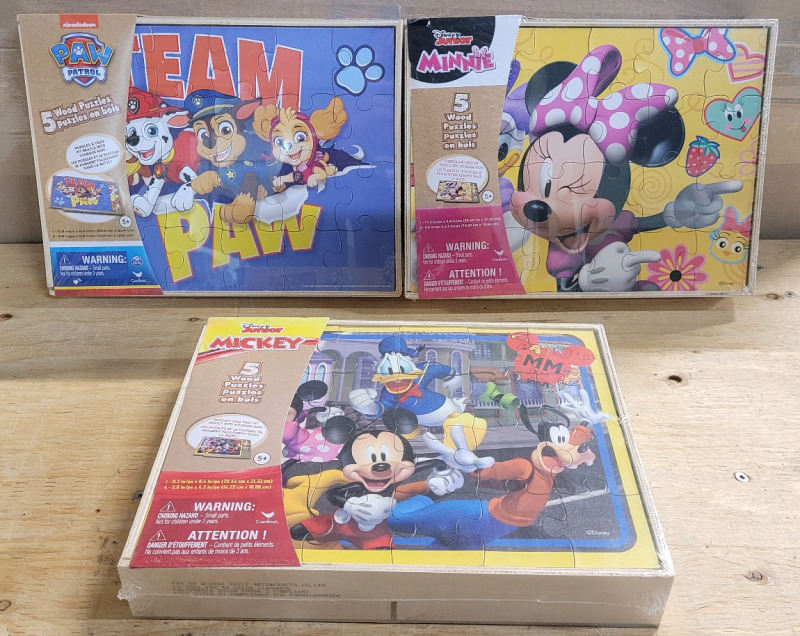 New - Three (3) Disney Junior Minnie Mouse , Mickey Mouse & Paw Patrol Wooden Puzzles . 5 Puzzles Per Box