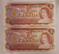 1974 Canadian Bank of Canada Two Dollar Bank Notes .