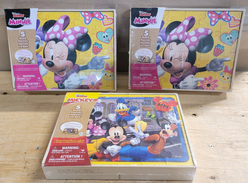 New - Three (3) Disney Junior Minnie & Mickey Mouse Wooden Puzzles . 5 Puzzles Per Box