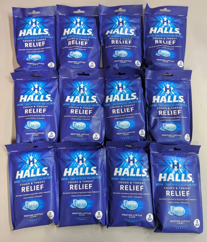 12 New: Packs of Halls Cough Suppressant - 30 Drops Per Pack - Mentho-Lyptus Flavour - Expires August 29th 2026