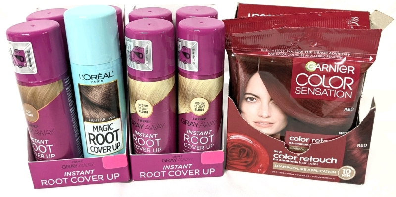 4 New Garnier RED Color Retouch Packs, 7 EverPro MEDIUM to LIGHT BLOND Gray Away Coverup (42.5g) + L'Oreal LIGHT BROWN Magic Root Cover Up (57g)