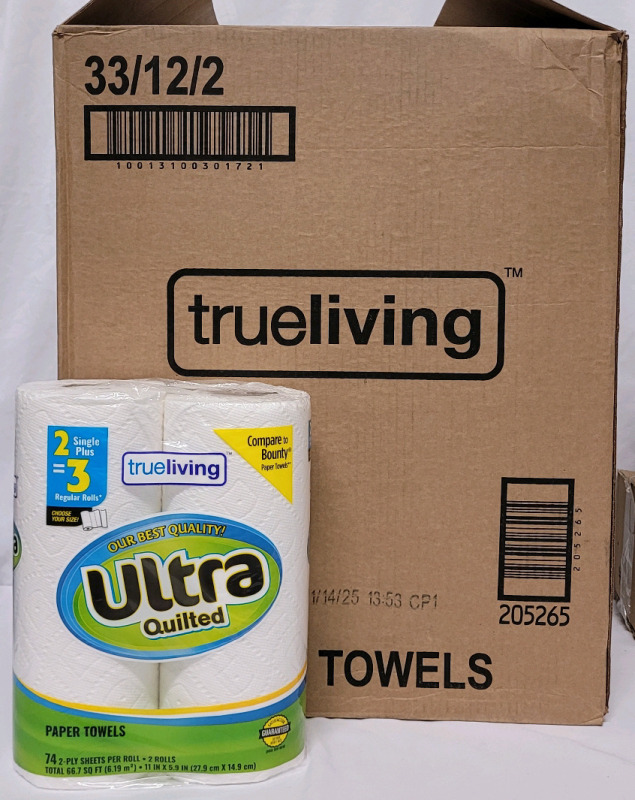 New - 24 Rolls TrueLiving Paper Towels . 12-Packs w/2 Rolls Per Pack