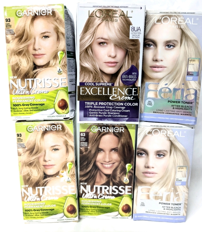 4 New Permanent Hair Colour Kits: Garnier #93 Light Brown & #63 Light Golden Brown, L'Oreal 8UA Ultra Ash Medium Blond + 2 Feria Power Toner Ice Blond After Bleach Highlights