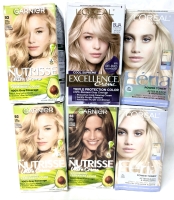 4 New Permanent Hair Colour Kits: Garnier #93 Light Brown & #63 Light Golden Brown, L'Oreal 8UA Ultra Ash Medium Blond + 2 Feria Power Toner Ice Blond After Bleach Highlights
