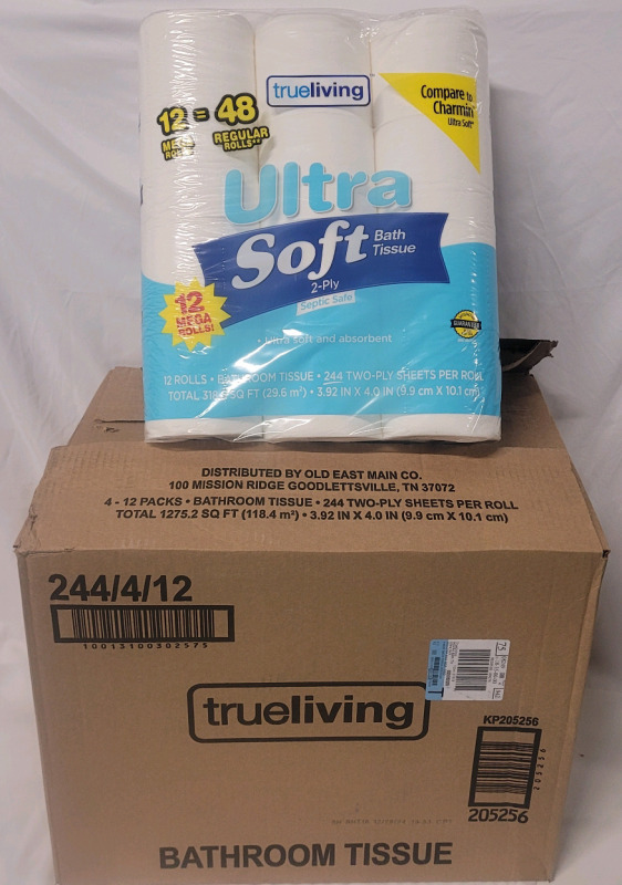 New - 48 Rolls TrueLiving Bathroom Tissue . Four (4) 12-Packs , 2-Ply