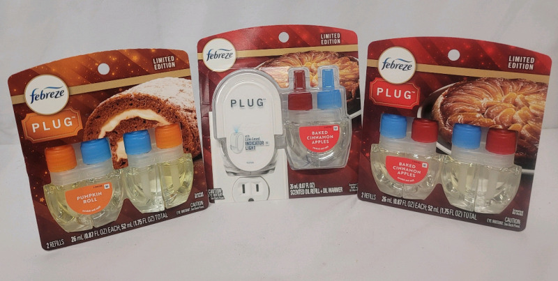 New - Febreze Oil Warmer & Scented Oil Refill Air Freshener & 4 Scented Oil Refills . Baked Cinnamon Apple & Pumpkin Roll