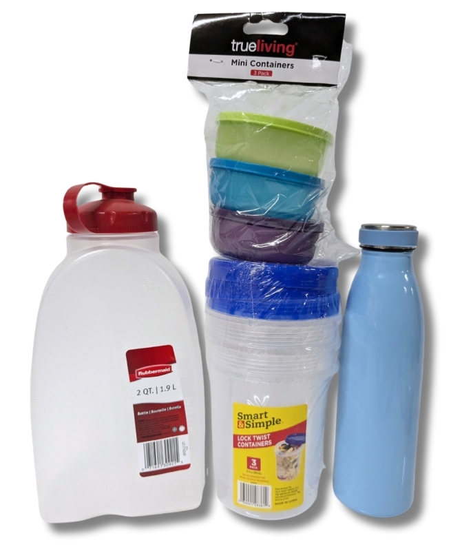 New Containers + Stainless Steel 550ml Bottle : Rubbermaid 2Qt Bottle, 3 Pack 990ml Lock Twist Containers + 3 Pack Mini Containers