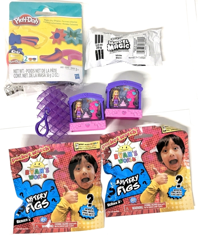 New PLAY-DOH Night Sky Shapes Set, Model Magic (White 28g), 2 Mini Doll Playsets, 2 Sealed Ryan's World Mystery Figs & Expanding Fidget Toy Keychain