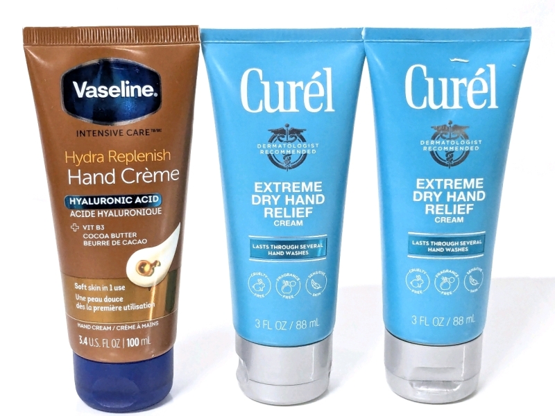 2 New CUREL Extreme Dry Jand Relief Creams 88ml ea + Vaseline Hydraplenish Hand Cream 100ml