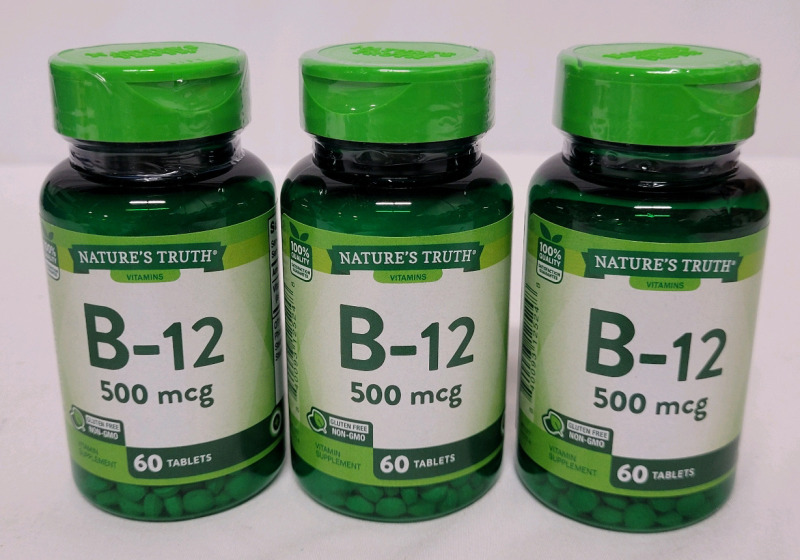 New - Nature's Truth B-12 Vitamin Supplement , 500 mcg . 3 Bottles , 60 Pills per Bottle . Expires 04 / 2026