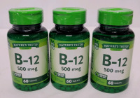 New - Nature's Truth B-12 Vitamin Supplement , 500 mcg . 3 Bottles , 60 Pills per Bottle . Expires 04 / 2026