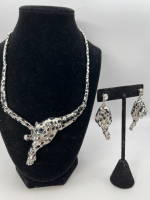 Rhinestone Leopard and black Enamel Statement Necklace with Earrings