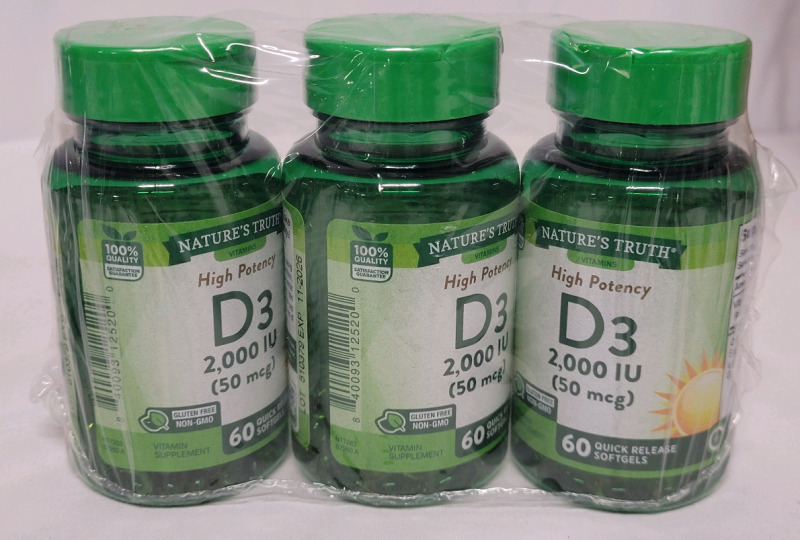 New - Nature's Truth High Potency D3 2000 IU Vitamin Supplement , 50mcg . 3 Bottles , 60 Quick Release Gelcaps each bottle . Expires 11 / 2026