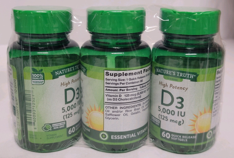 New - Nature's Truth High Potency D3 5000 IU Vitamin Supplement , 125mcg . 3 Bottles , 60 Quick Release Gelcaps each bottle . Expires 10 / 2026