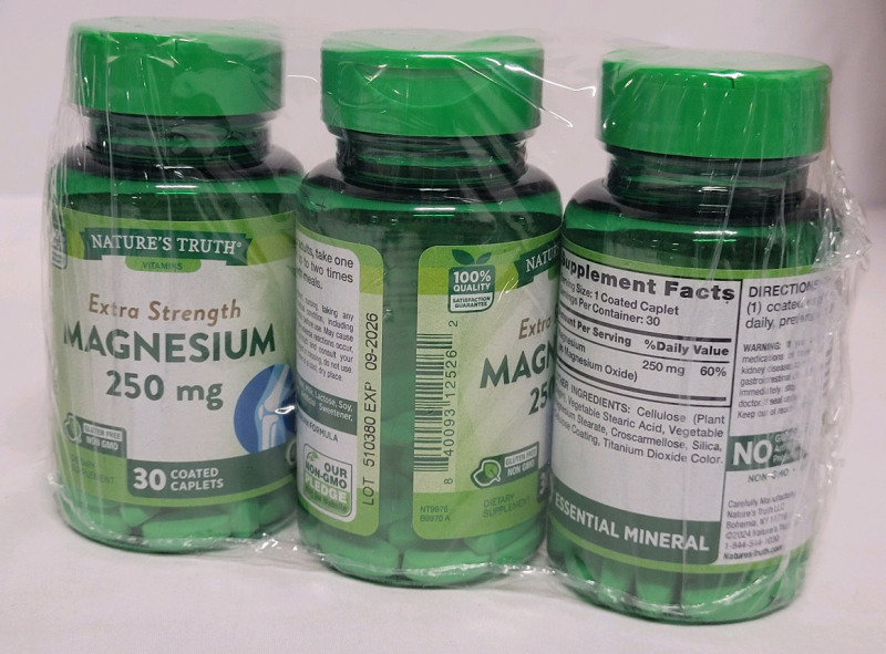 New - Nature's Truth Extra Strength Magnesium Vitamin Supplement , 250mg . 3 Bottles , 30 Coated Caplets each bottle . Expires 09 / 2026
