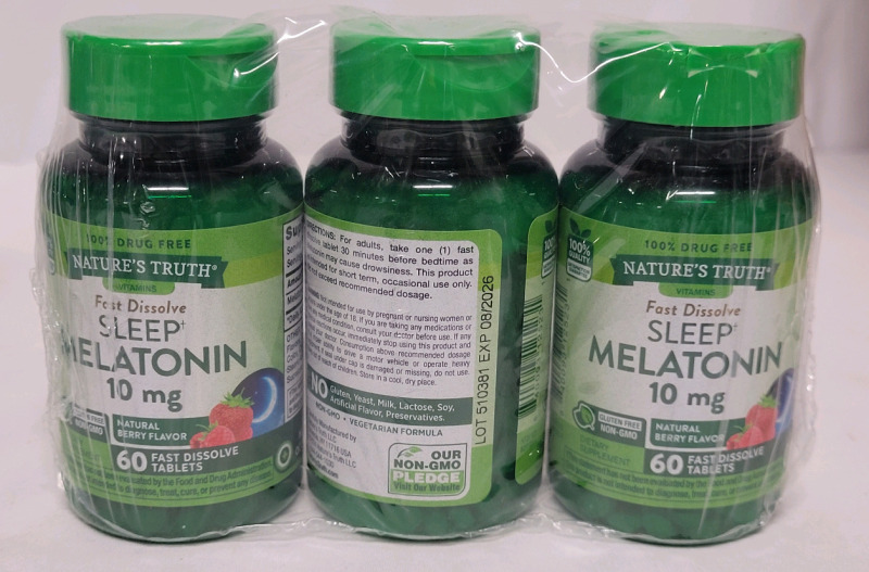 New - Nature's Truth Fast Dissolve Sleep Melatonin , 10mg . 3 Bottles , 60 Fast Dissolve Tablets each Bottle . Expires 08 / 2026