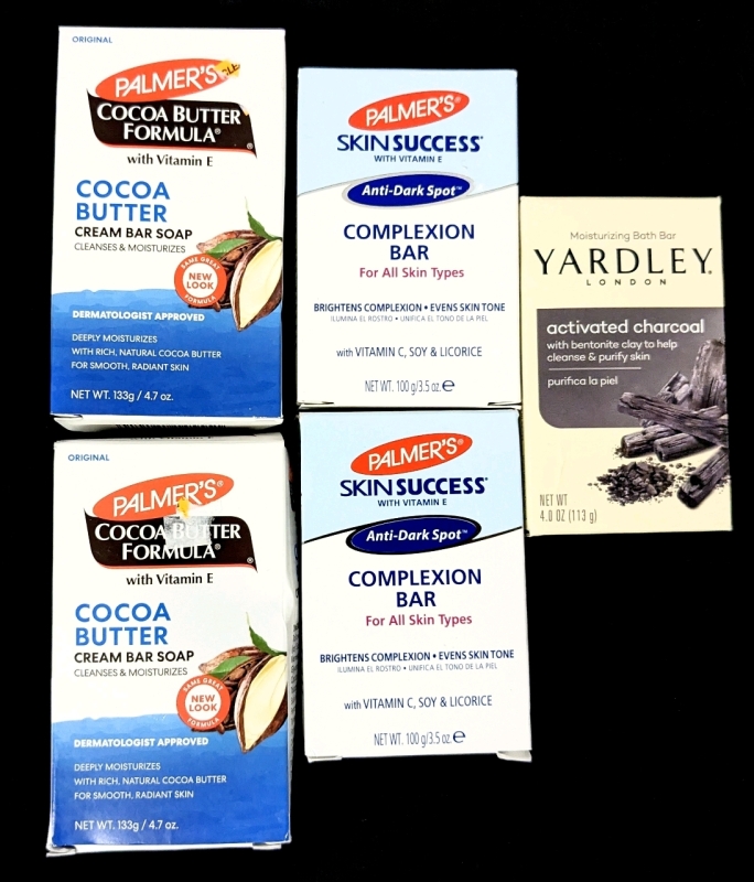 5 New Bars of Soap : 2x Palmers Cream Bar Soap 133g ea, 2x Palmers Complexion Bars 100g ea & Yardley Activated Charcoal 113g