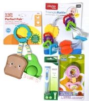 New Bright Starts Avocado Toast 2-in-1 Teether Toy, Playtex Baby Triangle Rattle, Sesame Street Baby Big Bird Pacifier & Holder, Digital Flex Thermometer