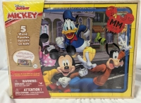 5 New Disney Junior Mickey Wooden Puzzles With Storage Tray. 1 - 11.2" by 8.4" & 4 - 4.2" by 5.6" puzzles.