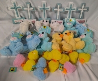 Assorted Easter Lot. 6 Crosses (6.25" Tall) 12 Plushies, and 12 Blinking Chicks.