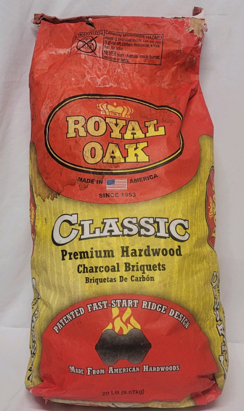 New - Royal Oak 20lb Bag BBQ Classic Premium Hardwood Charcoal Briquets . Bag has some stain on front & back