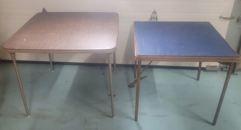 Two (2) Vintage Folding Card Tables . Wooden Table measures 30"&times;30"&times;27" & Metal Table measures 34.5"&times;34.5&times;28.5"