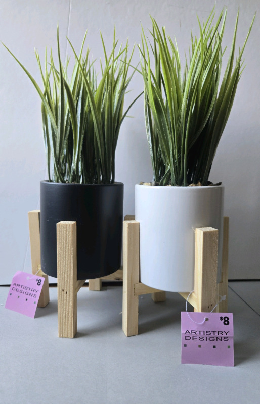 2 New | Artificial Plants W/ Wooden Stands| Black & White Both 13" Tall