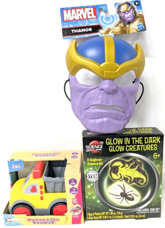 New Science by Me GLOW In The Dark Creatures Kit, Press & Go Toy Dump Truck & Child Size Marvel Thanos Mask