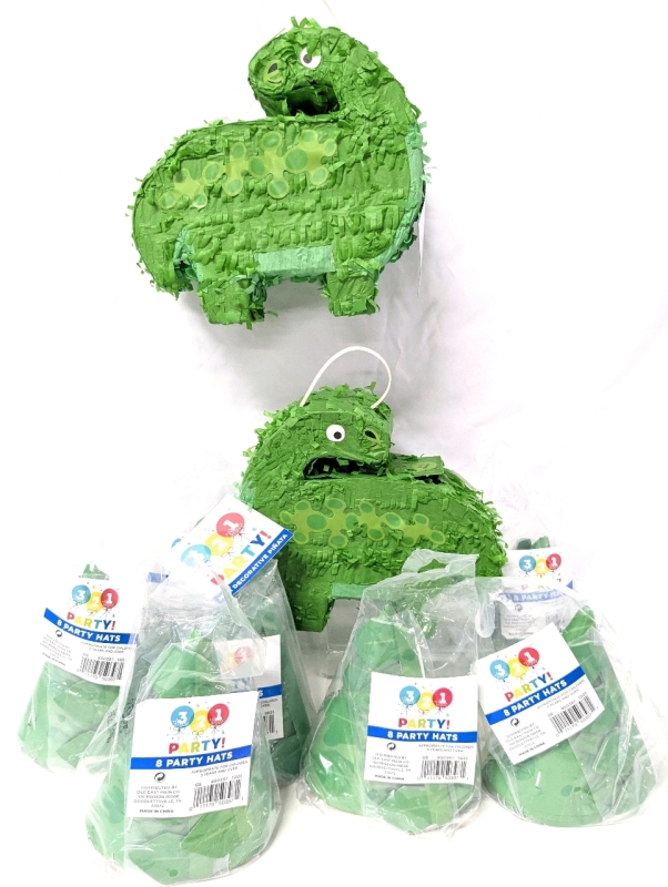 2 New Mini Dinosaur Pinatas (8" x 3" x 7.5" Tall) & 7 Packs of Dino-Themed Party Hats (8 Party Hats per Pack, 56 Hats Total)