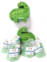 2 New Mini Dinosaur Pinatas (8" x 3" x 7.5" Tall) & 7 Packs of Dino-Themed Party Hats (8 Party Hats per Pack, 56 Hats Total)