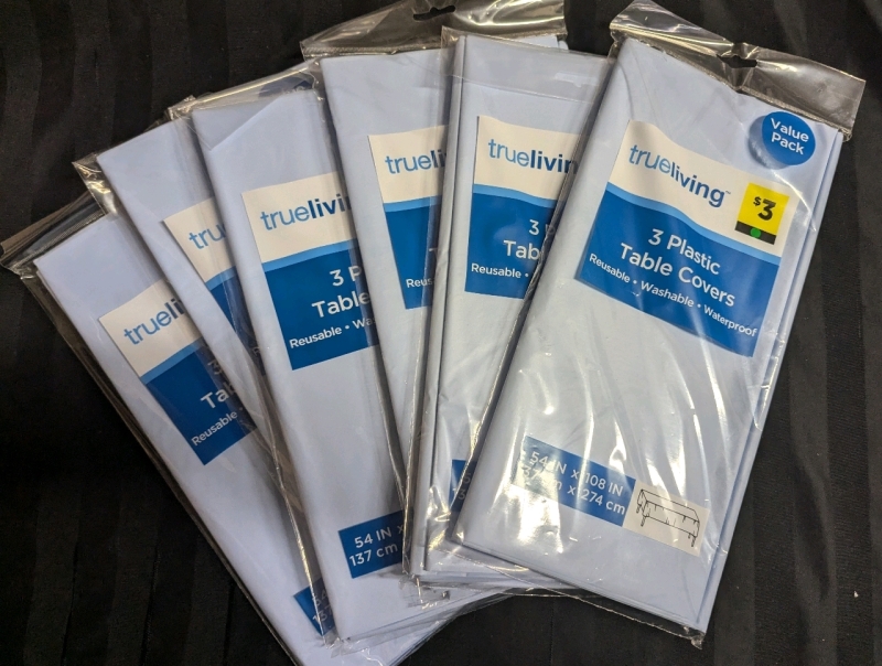 18 New Trueliving Plastic Table Covers. 54" by 108"