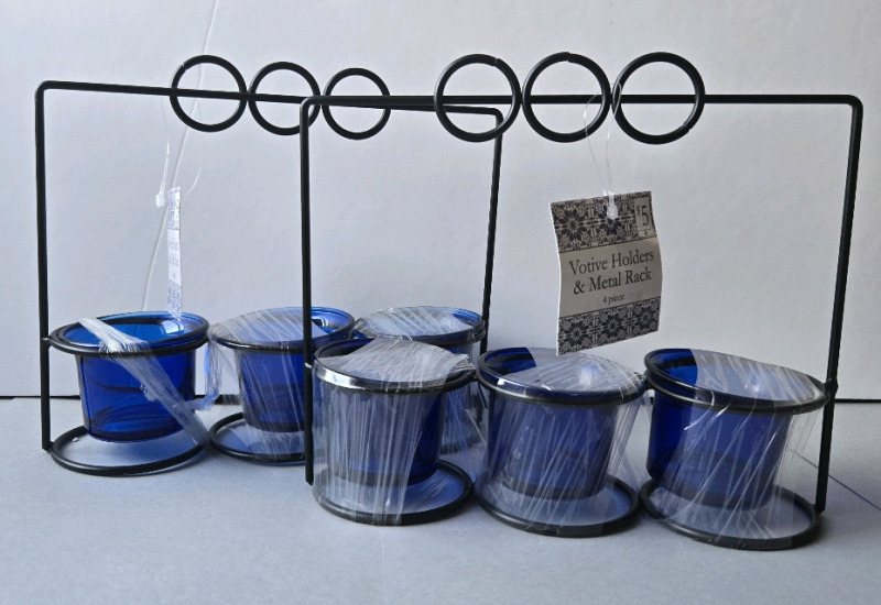2 New | Beautiful Cobalt Blue 4pc Votive Holders & Metal Rack