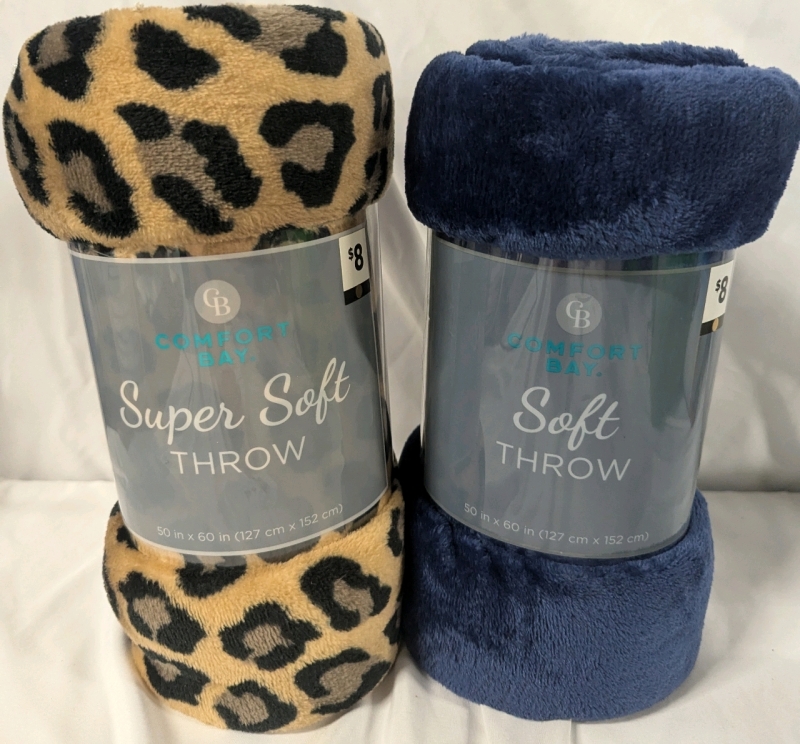 2 New Comfort Bay Throw Blankets. 50" by 60"
