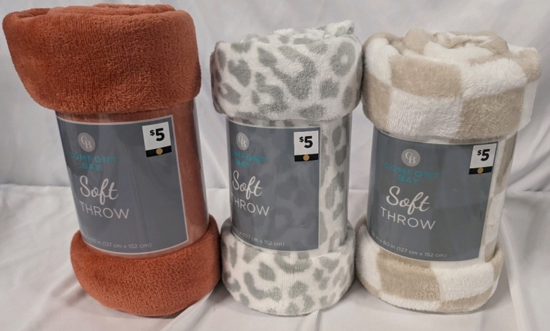 3 New Comfort Bay Soft Throw Blankets. 50" by 60".