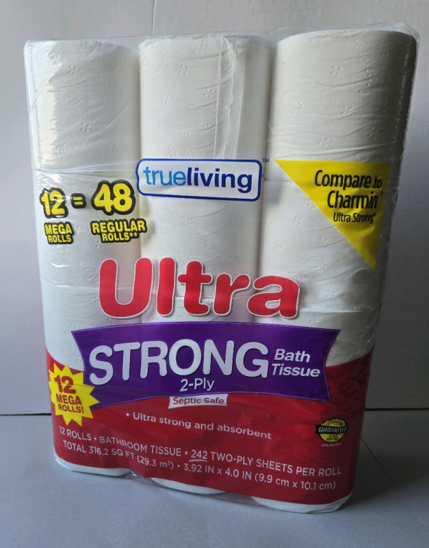 12 Rolls New | True Living Ultra Strong 2-Ply Toilet Paper / Bath Tissue