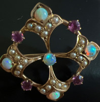 Victorian Opals 14K Gold Amethyst Brooch Stunning