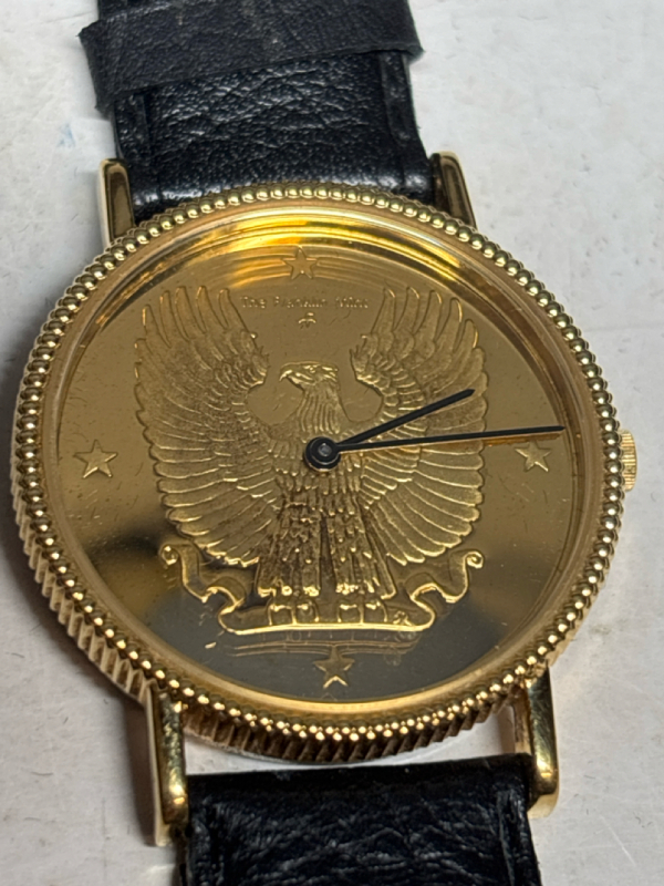 Franklin Mint Embossed Eagle Dial Gold Plated Watch in Watch Logo Inner Outer Box Papers