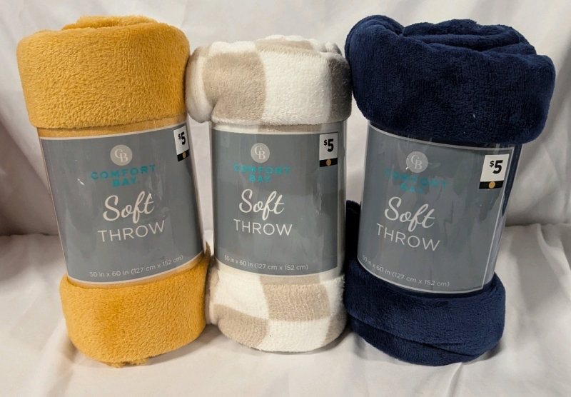 3 New Comfort Bay Soft Throw Blankets. 50" by 60"