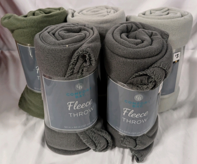 5 New Comfort Home Lleece Throw Blankets. 50" by 60"