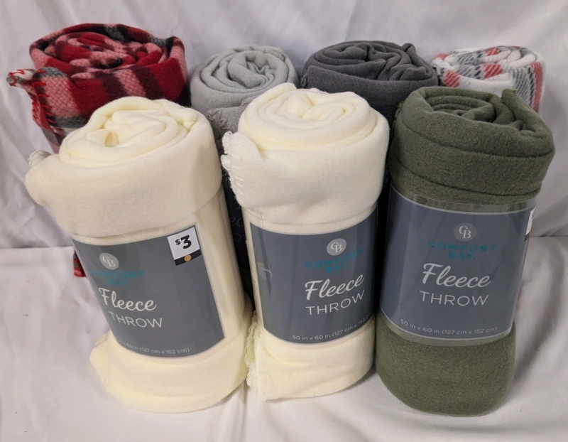 7 New Comfort Home Lleece Throw Blankets. 50" by 60"
