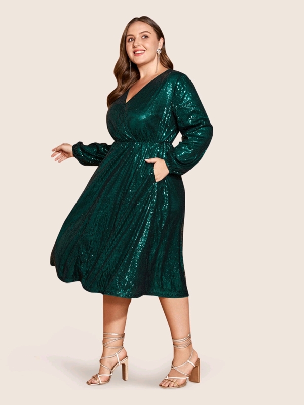 New Size 18-20 Ladies BLOOMCHIC Solid Pocket Lantern Sleeve Wrap Sequin Dress : Dark Green | Retails Over $55