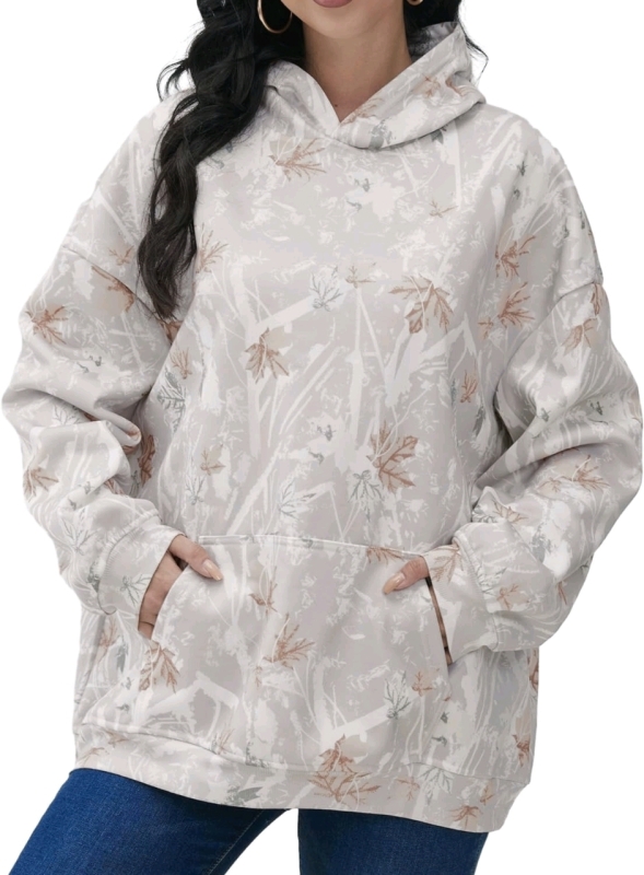 New Size Med Women's Allover Leaf Print Camo Hoodie Sweater